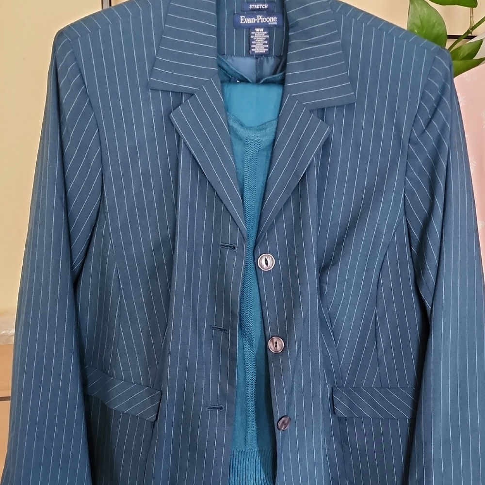 Evan-Picone 3 Piece Teal Striped Blazer, Pant with Sweater 18W
